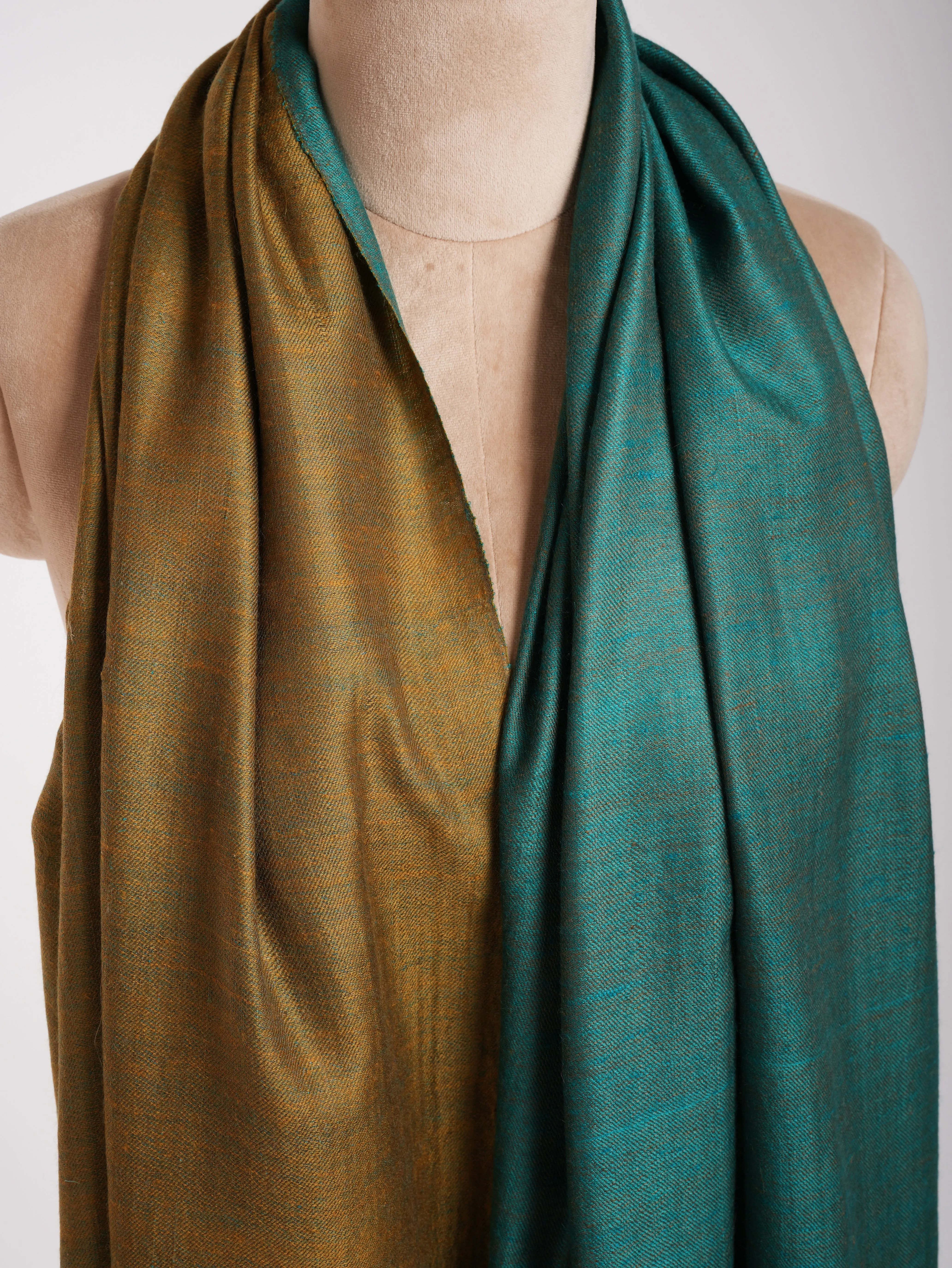 Shaded Spruce and Mustard Dorukha Cashmere Pashmina Shawl