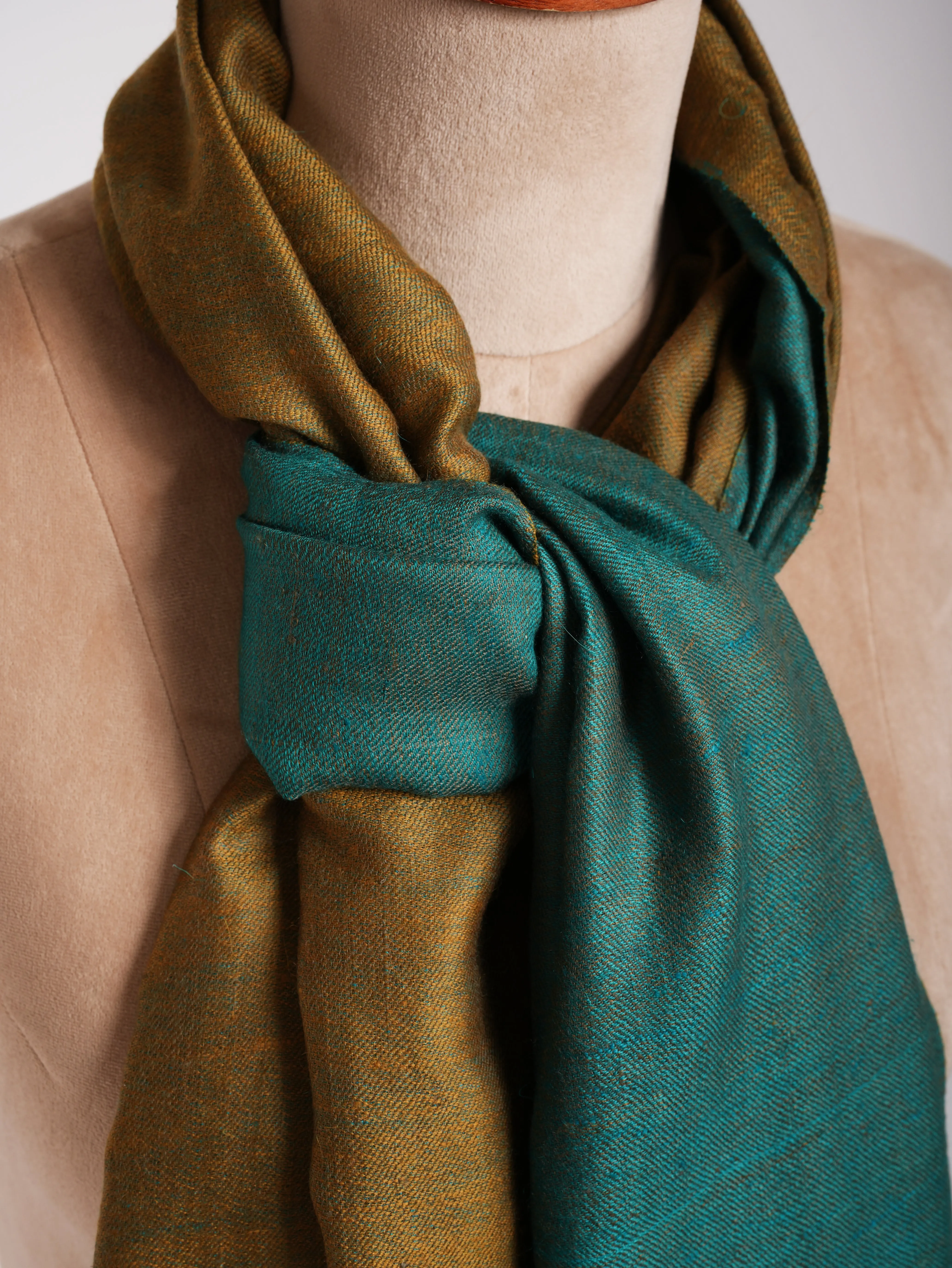 Shaded Spruce and Mustard Dorukha Cashmere Pashmina Shawl