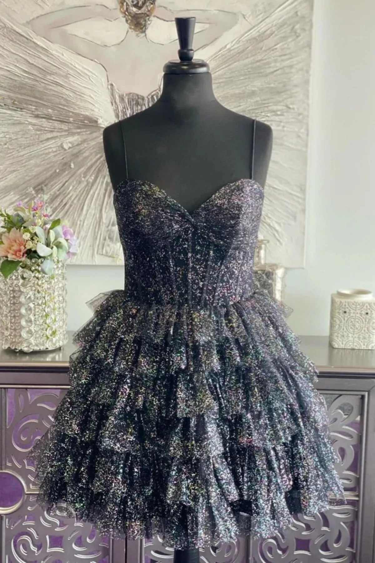 Shiny A Line Sweetheart Neck Black Tulle Short Prom Dress, Short Black Homecoming Dress A2209