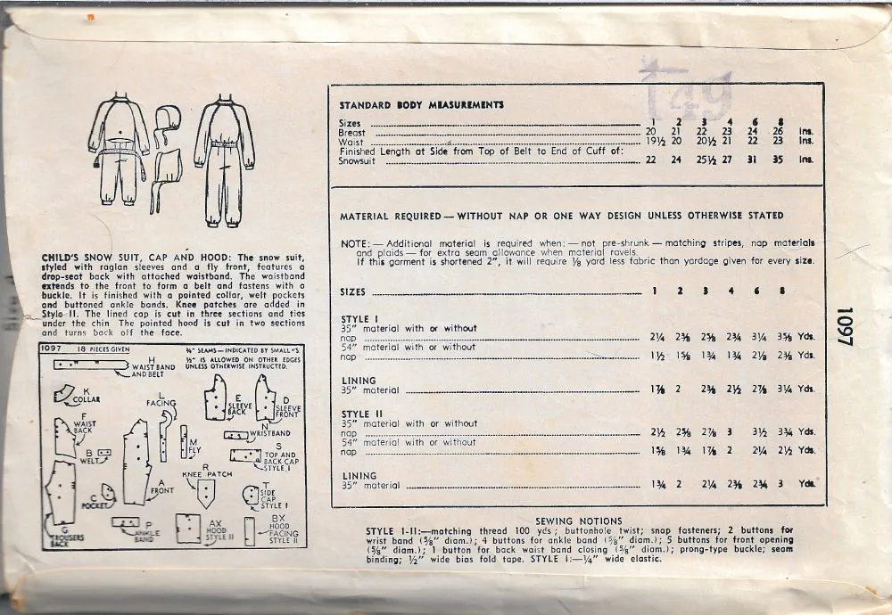 Simplicity 1097 Girls Boys Snow Suit Vintage Sewing Pattern 1940s Unprinted