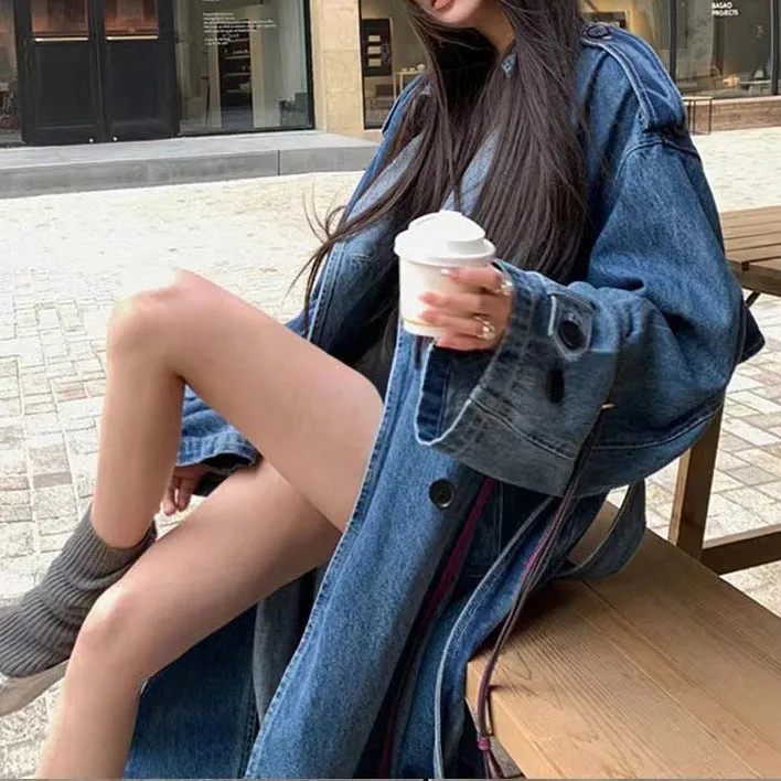 Wenkouban fall women's outfits 2024 Autumn Advanced Casual Long Retro Elegant Denim Wide Trench Coat