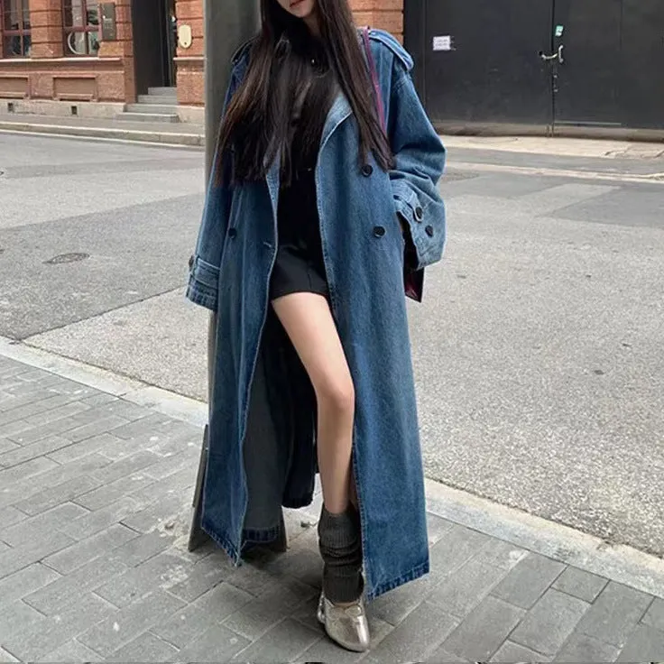 Wenkouban fall women's outfits 2024 Autumn Advanced Casual Long Retro Elegant Denim Wide Trench Coat