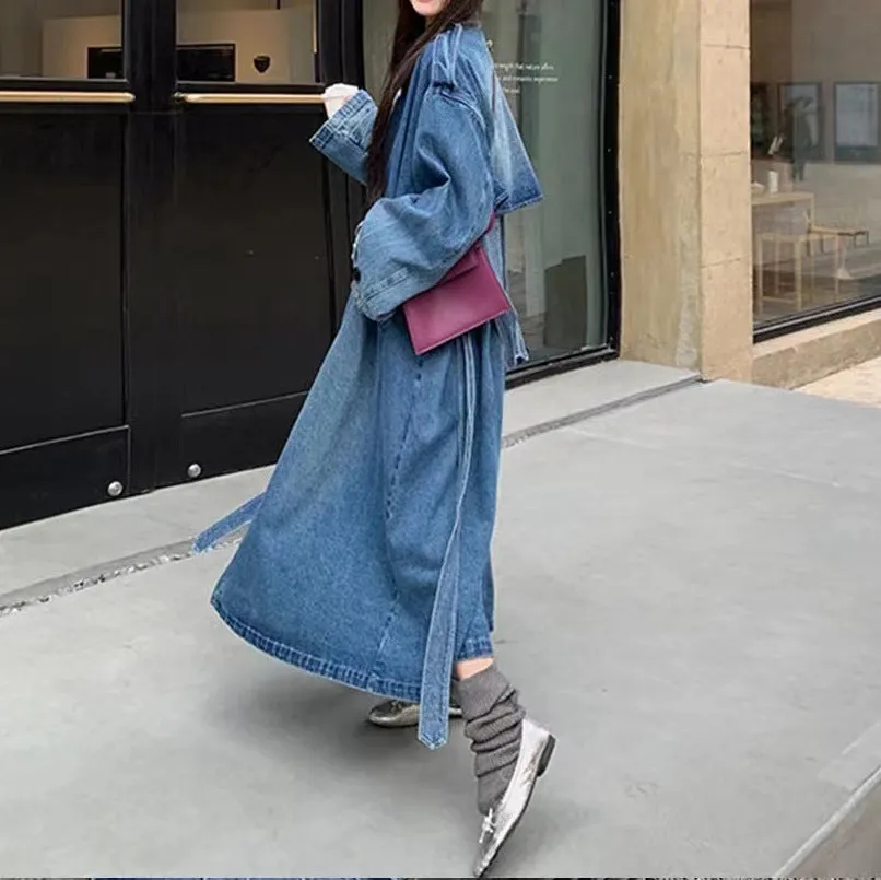 Wenkouban fall women's outfits 2024 Autumn Advanced Casual Long Retro Elegant Denim Wide Trench Coat