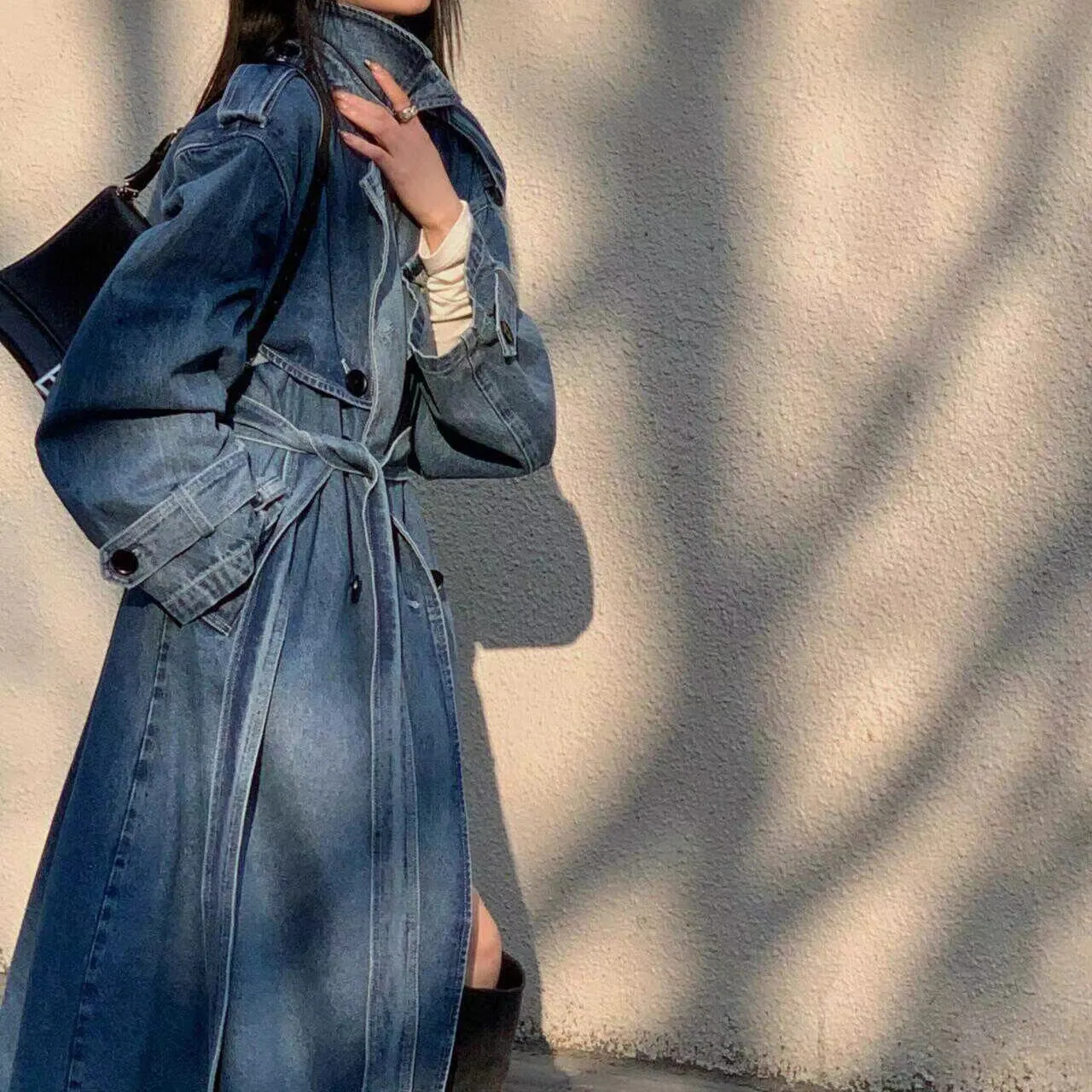 Wenkouban fall women's outfits 2024 Autumn Advanced Casual Long Retro Elegant Denim Wide Trench Coat