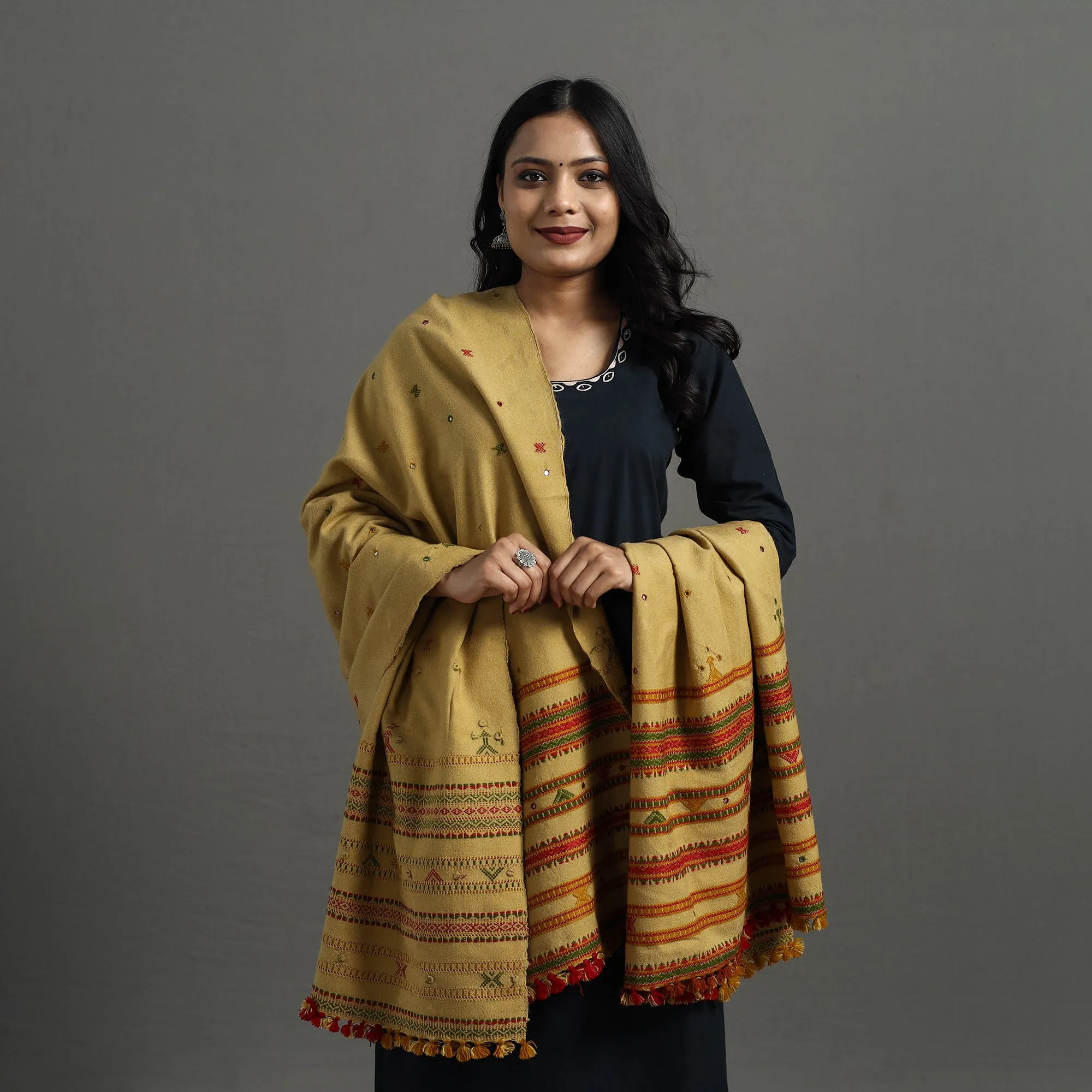 Yellow - Kutch Handwoven Mirror Work Woollen Shawl 81